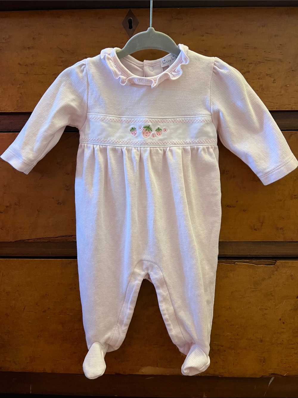 Kissy Kissy Pink Baby Romper with Ruffle Collar and Strawberry Embroidery